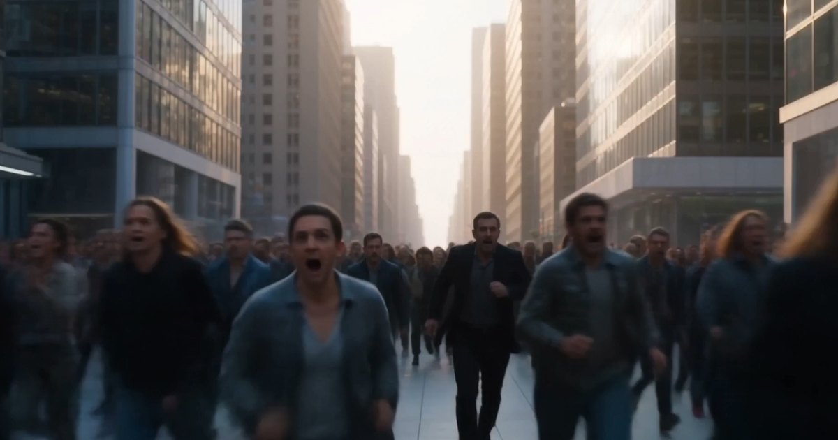 Still from Strip Until It Breaks: a crowd running down a city street between glass towers.