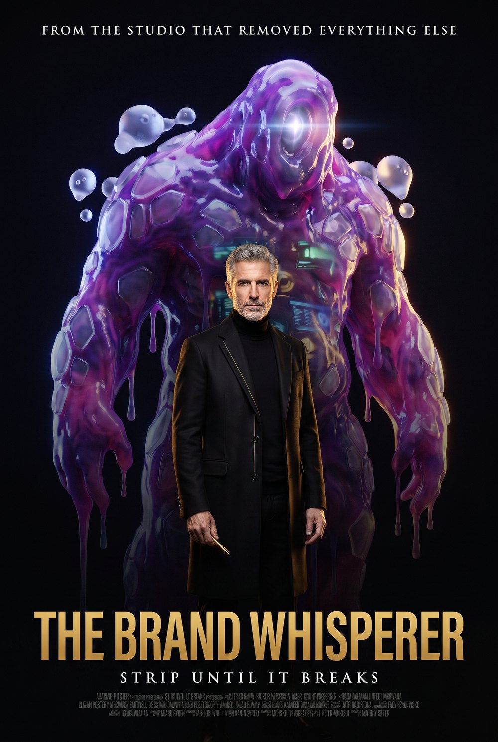 The Brand Whisperer one-sheet: a silver-haired man in a black coat with a gold pinstripe holds a gold marker, standing calmly in front of the towering purple Slop creature. Title in gold below: The Brand Whisperer — Strip Until It Breaks.