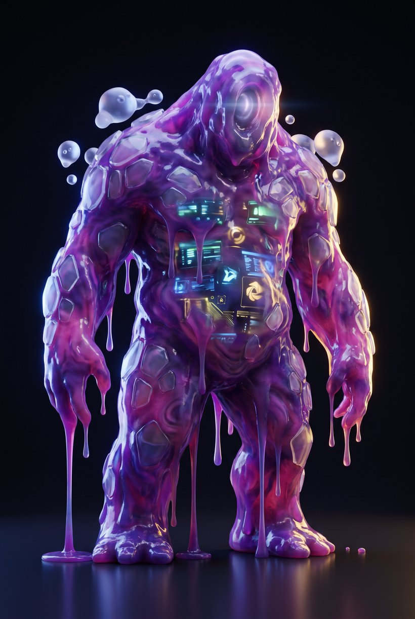 The Slop: a towering translucent creature made of dripping purple and magenta gradient goo, with glowing UI panels and buttons embedded in its torso.