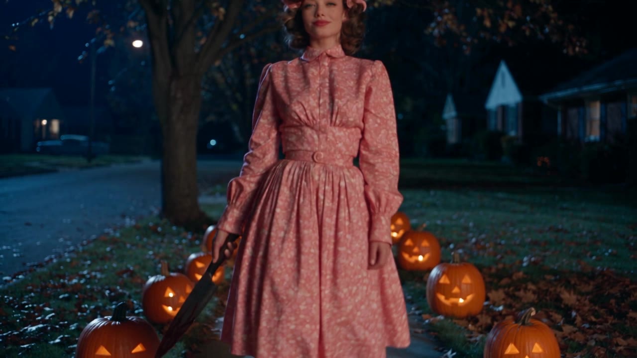 Still from Sweetheart: a 1950s housewife in a pink dress on a suburban lawn at night, jack-o'-lanterns lining the walk.