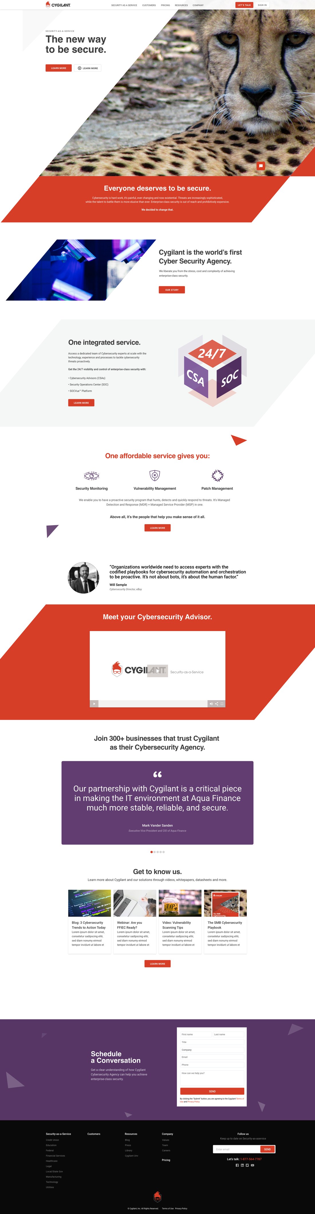 Full-length screenshot of the Cygilant homepage, the website designed by The Brand Whisperer. A cybersecurity company that called itself the world's first 'Cyber Security Agency', selling enterprise-grade protection to mid-market firms through people, not just software. The category sells fear and acronyms. This homepage had to feel calm, human, and confident enough to make security look like a partnership instead of a product.