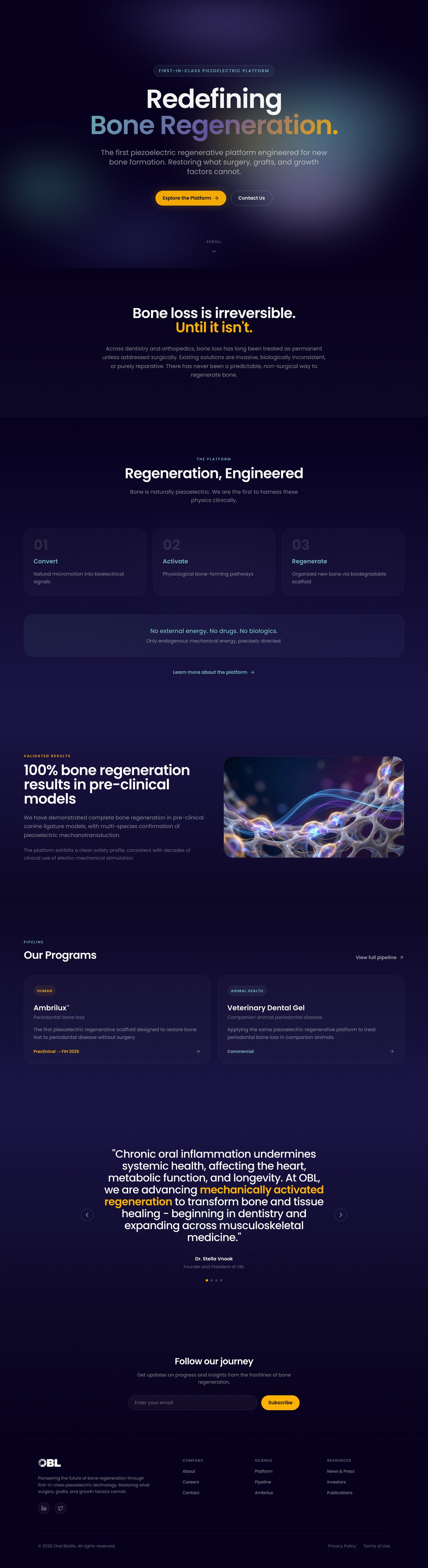 Full-length screenshot of the Oral Biolife (OBL) homepage, the website designed by The Brand Whisperer. A regenerative-medicine startup with a genuinely first-in-class idea: bone is piezoelectric, and that physics can be harnessed to regrow it, no drugs, no biologics. The science is elegant and easy to make sound like science fiction. The site's job is to make the mechanism read as inevitable, not implausible.