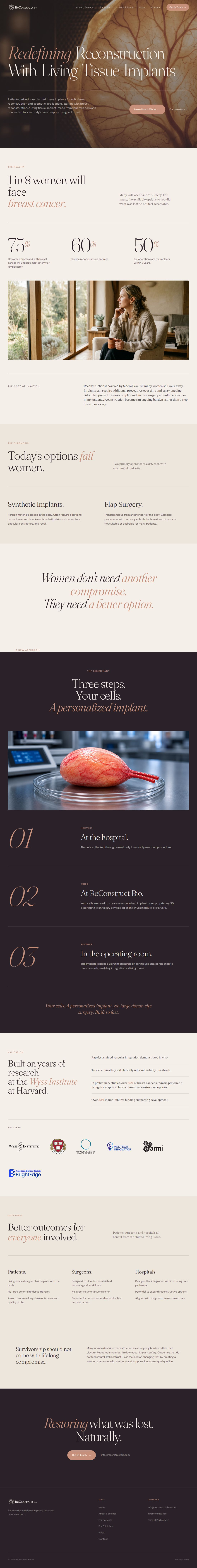 Full-length screenshot of the ReConstruct Bio homepage, the website designed by The Brand Whisperer. A Harvard-spun biotech building living tissue implants for breast reconstruction. The science is extraordinary and easy to make cold. The site's whole job is to keep the patient in the room while the technology earns trust.